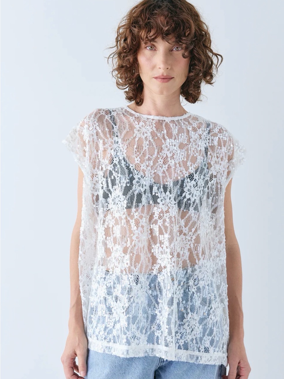 Women's White Lace Sheer Top